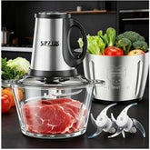 Electric Food Chopper with Dual Bowls & Adjustable Dual-Blade System – Effortlessly Chop Vegetables, Grind Meats, Dice Onions, Crush Nuts, Mix Herbs, and Prepare Salad Ingredients. Compact Design Fits Easily on Countertops or in Cabinets. Corded Operation