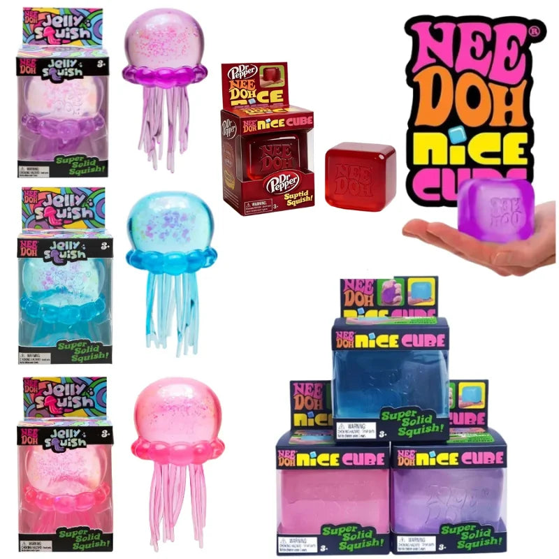 Schylling Nee Doh Jellyfish र Cube Squish Toy, नरम जेली निचोल्ने तनाव कम गर्ने फिगेट खेलौना, बच्चाहरू र वयस्कहरूका लागि सेन्सरी नी डोह