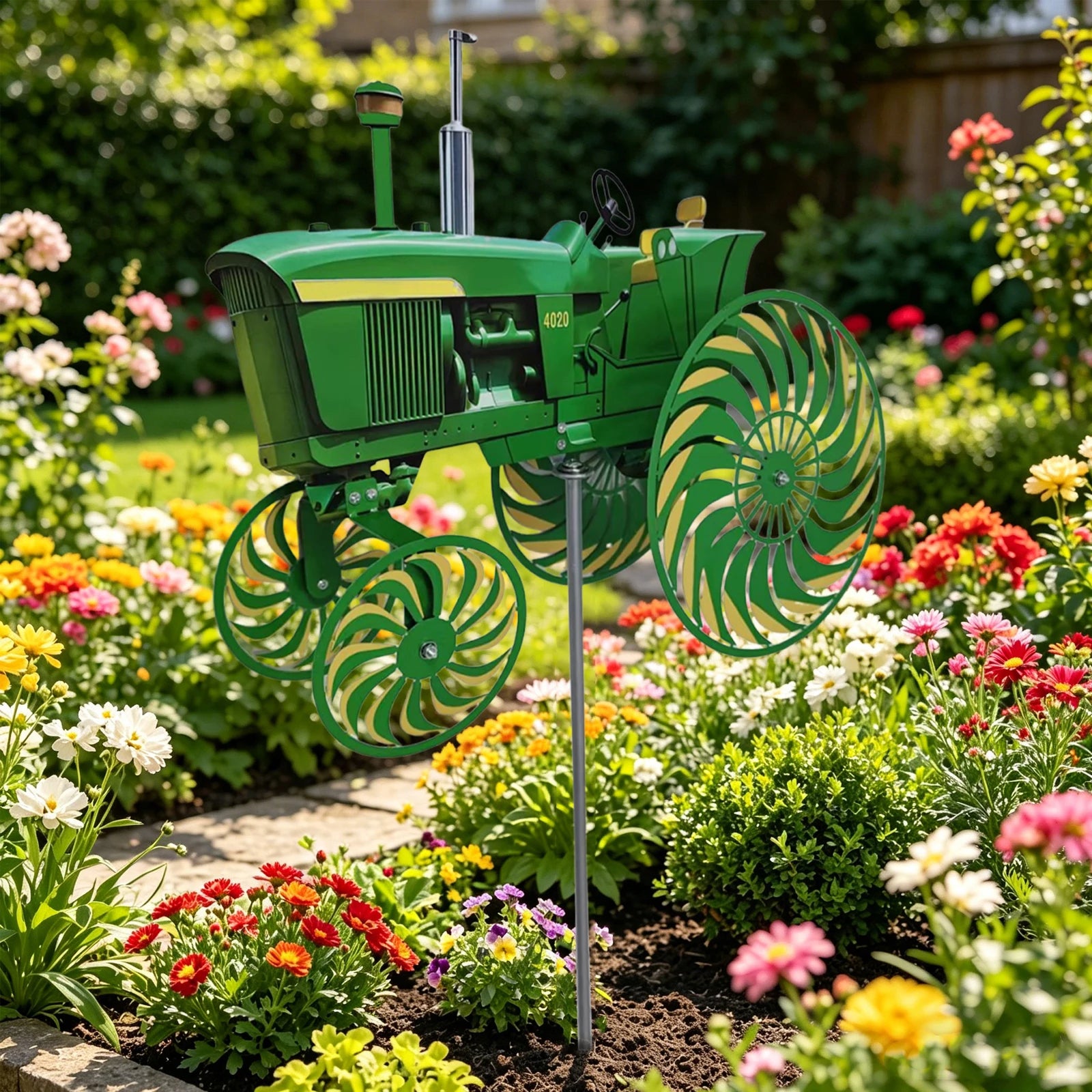 Green Tractor Garden Spinners with Rotating Wheels बगैंचाको लागि पवनचक्की बगैंचाको लागि पवनचक्की घरको आँगन, कौसी, पछाडिको चउर र फूलबारीका लागि