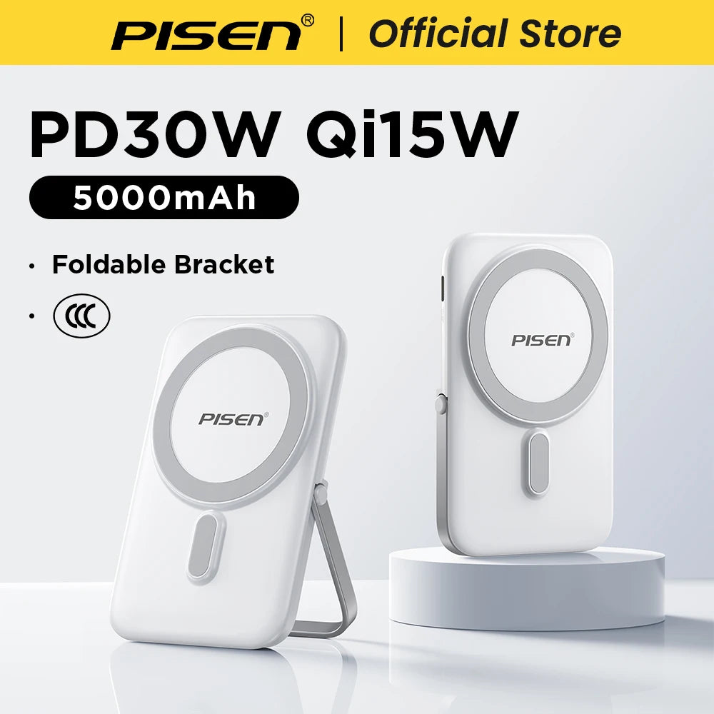 PISEN Magnetic Wireless Power Bank 5000mAh With Foldable Stand Fast Charging Portable Charger Bank For MagSafe iPhone Samsung