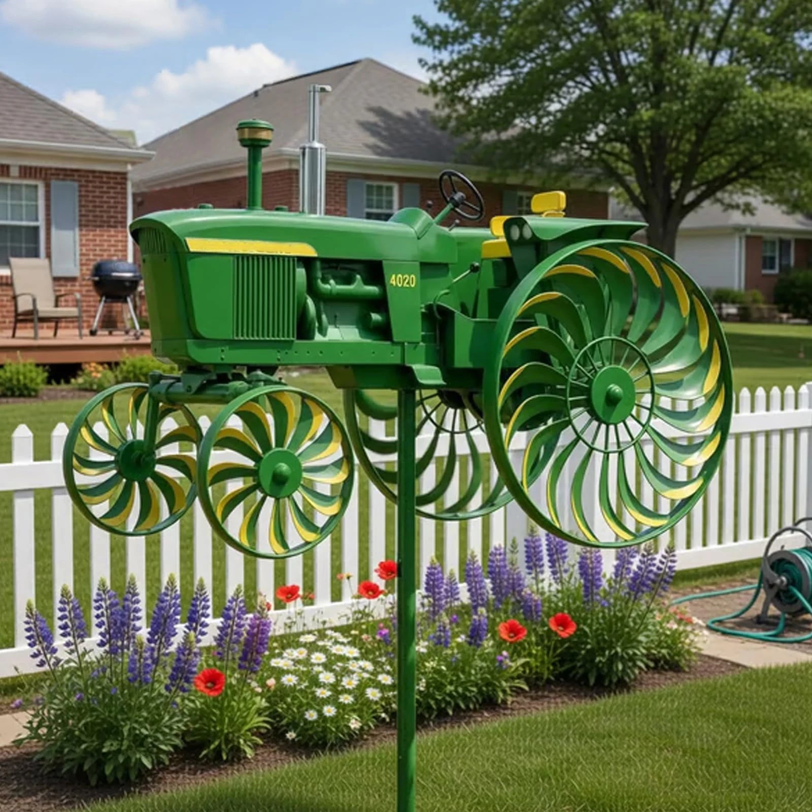 Green Tractor Garden Spinners with Rotating Wheels बगैंचाको लागि पवनचक्की बगैंचाको लागि पवनचक्की घरको आँगन, कौसी, पछाडिको चउर र फूलबारीका लागि