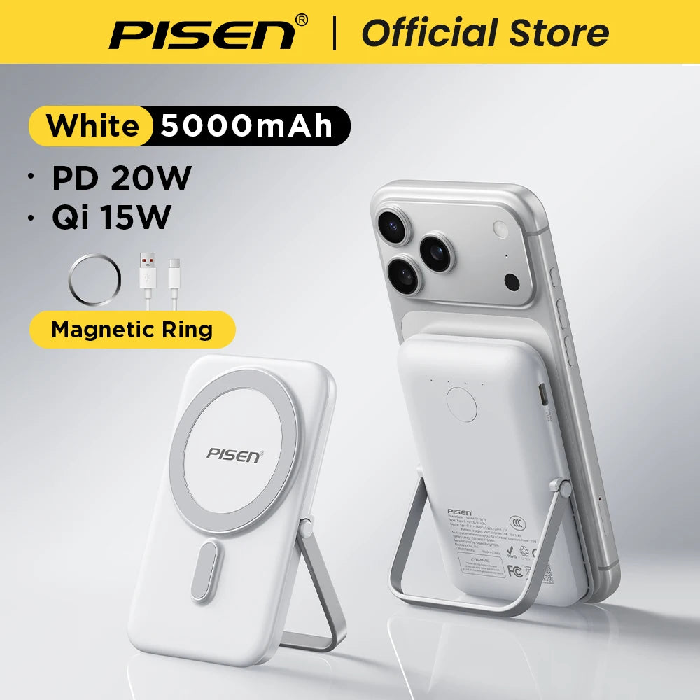 PISEN Magnetic Wireless Power Bank 5000mAh With Foldable Stand Fast Charging Portable Charger Bank For MagSafe iPhone Samsung