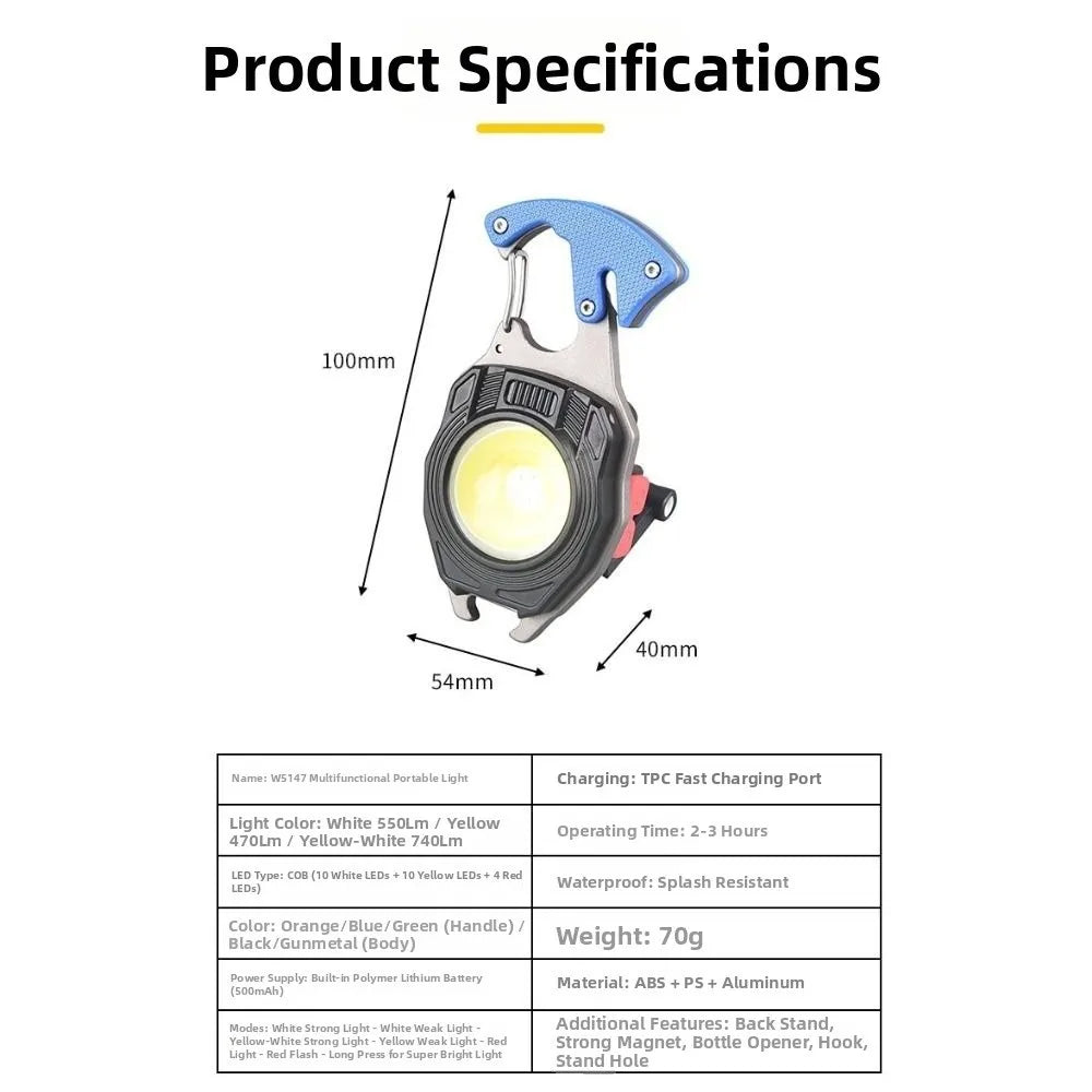 7 Light Modes Keychain Work Light 1600Lumen With Folding Bracket Rechargeable Flashlight Screwdriver Bottle Opener