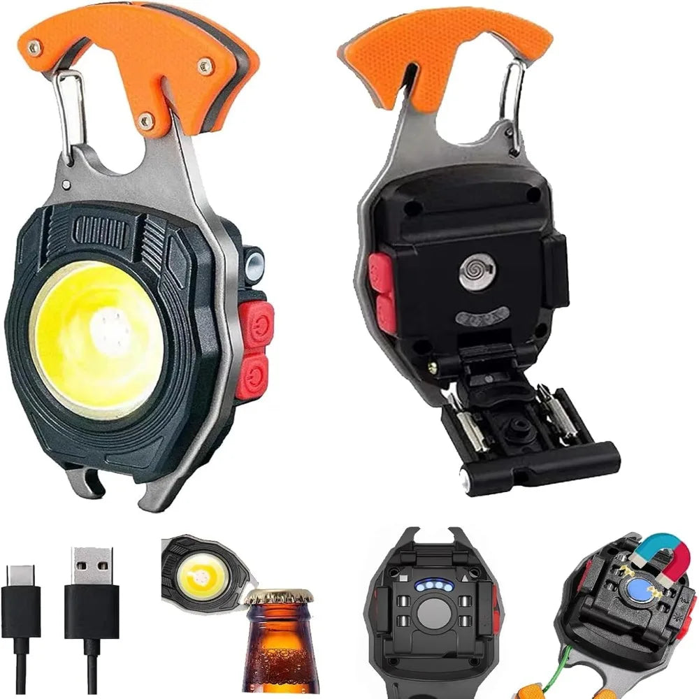 7 Light Modes Keychain Work Light 1600Lumen With Folding Bracket Rechargeable Flashlight Screwdriver Bottle Opener